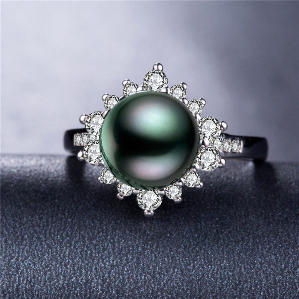 925 Silver  Black Pearl & Sapphire Ring Size 8